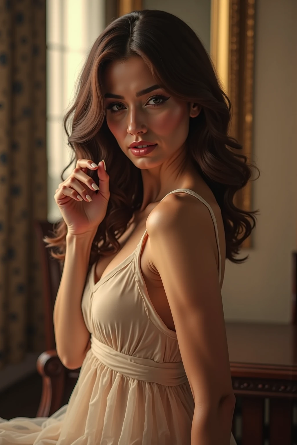 beautiful model, fashion, RAW photo, best photograph, fashion night, models pose, dynamic, studio, perfect lighting, fashion show, leaning on the chair, legacy, model queen