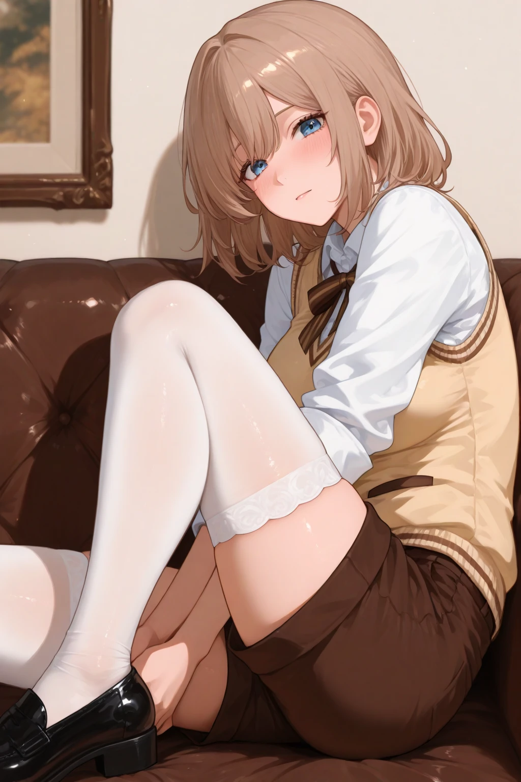 ((masterpiece, Highest quality, High resolution, 超High resolution, Pixel Perfect, Written boundary depth, 4K, RTTX 10.0, Human Development Report))), 1 girl, single, alone, beauty、View the whole body、 ((Long Hair, Short Liuhai, Reddish brown hair)), ((blue eyes, Beautiful eyelashes, Realistic eyes)), ((Detailed face, blush:1.2)), ((Smooth texture:0.75, Vibrant质感:0.65, Vibrant:1.1, Anime CG style)), Medium chest, Perfect body,  smile, attractive way to sit, Brewing tea in a teapot, (The wind makes my hair flutter，Exposing shoulders、Expose your breasts、black tights) , It snows heavily at night、(((Showing panties:1.3)))、((((M-shaped legs:1.4))))
、first class, masterpiece, High resolution, (Head to toe full body view), front, frontやや下からの構図, Symmetric, Tall 18 year old girl, alone, (Head to toe), (Small breasts), Unkempt brown hair, bangs, ((black tights)),( (Black Pantyhose)),(White luxury lingerie), (Sit with your legs apart), (Crouching pose), (白いShowing panties構図), (Her legs were spread、I see your white pants.), (I was made to sit on the floor with my legs spread...), ((((M-shaped legs)))), Thin legs, A very beautiful and tall 18 year old girl, (No shoes), blush, Shy big eyes, looking at the camera, (((Blazer Uniform, Checkered Pleated Skirt)))、Sit across from me、((Vulgarity)),