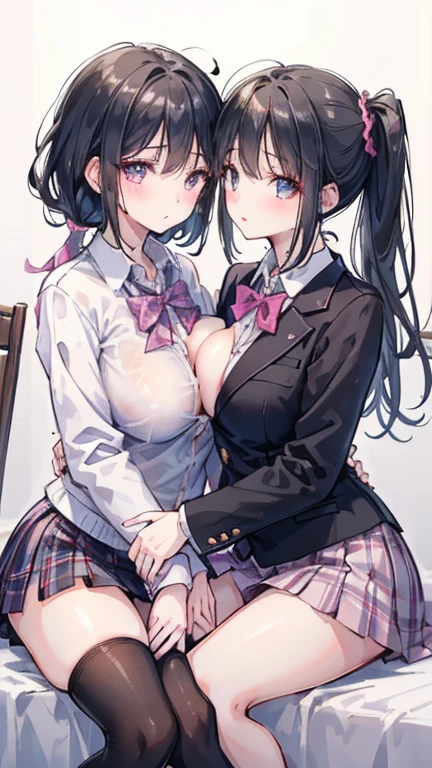 2girls, alternate breast size, black hair, day, bow, breast press, long hair, looking at viewer,  , multiple girls, plaid skirt,  skirt, symmetrical docking, (((yuri,outdoors,Crushed large breasts))),NSFW,Excited,love