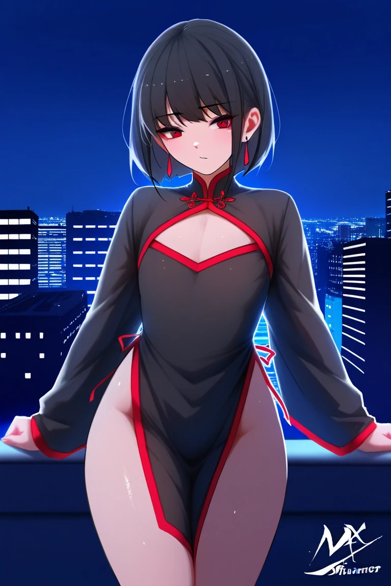 ninja hiding in the shadows, at a japanese shrine at night, beautiful night sky, woods in the background, outdoors, full body, detailed, action pose, dynamic angle, 1girl, Pixie cut, medium boobs, Lean body, red eyes, Black hair, high definition photo, ultra detailed skin, ultra detailed face, small skin imperfections