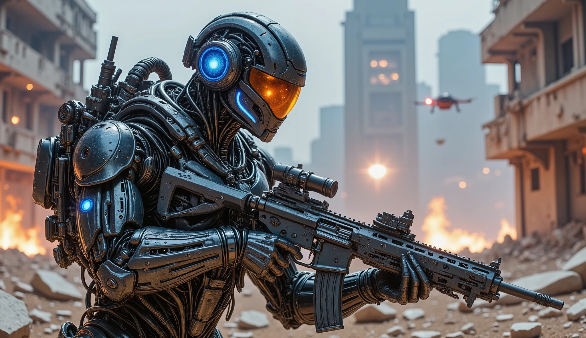 pinkmechalux, A highly detailed futuristic sci-fi soldier in an intense combat scenario, wearing advanced power armor with a sleek metallic design and glowing blue energy lines. His helmet is equipped with an augmented reality HUD display, reflecting tactical data and enemy positions. The soldier grips a high-tech plasma rifle with intricate cybernetic components, glowing accents, and an advanced targeting scope. The battlefield is a dystopian warzone with crumbling buildings, neon-lit debris, and hovering drones scanning the area. In the background, explosions and laser beams illuminate the smoky, war-torn environment. Sparks and embers float through the air, adding a cinematic, action-packed atmosphere. The image is rendered in ultra-realistic detail with a mix of cyberpunk and military sci-fi aesthetics, evoking themes of futuristic warfare and elite special operations.