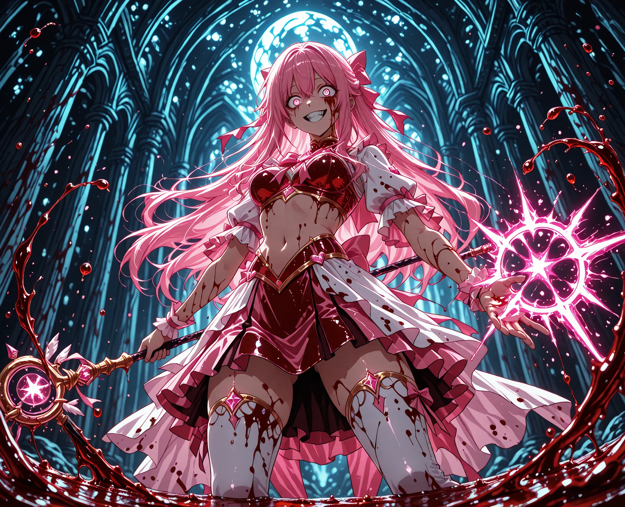 blood on splash, blood drip,blood splatter, blood splash, splash, liquid,Simple Anime Style, JJK Anime Style, line_art, simple_lineart, flat_color, limited_palette, minimal_shading, clean_background, smooth_lines, no_texture,bioluminescent elements, magical light, glow bioluminescent elements, glow magical light, mystical atmosphere, captivating atmosphere, ethereal elements, exude charm and wonder,1girl, masterpiece, crazy eyes, crazy smile, yandere, yandere trance, yandere magical girl, magical girl outfit, midriff, navel, zettai ryouiki, bloody, blood on face, blood on clothes, blood on magical girl staff, from below, convenient censoring, floating above viewer, action pose, dynamic pose, dynamic angle, (foreshortening:1.3), cinematic lighting, cinematic shadows,