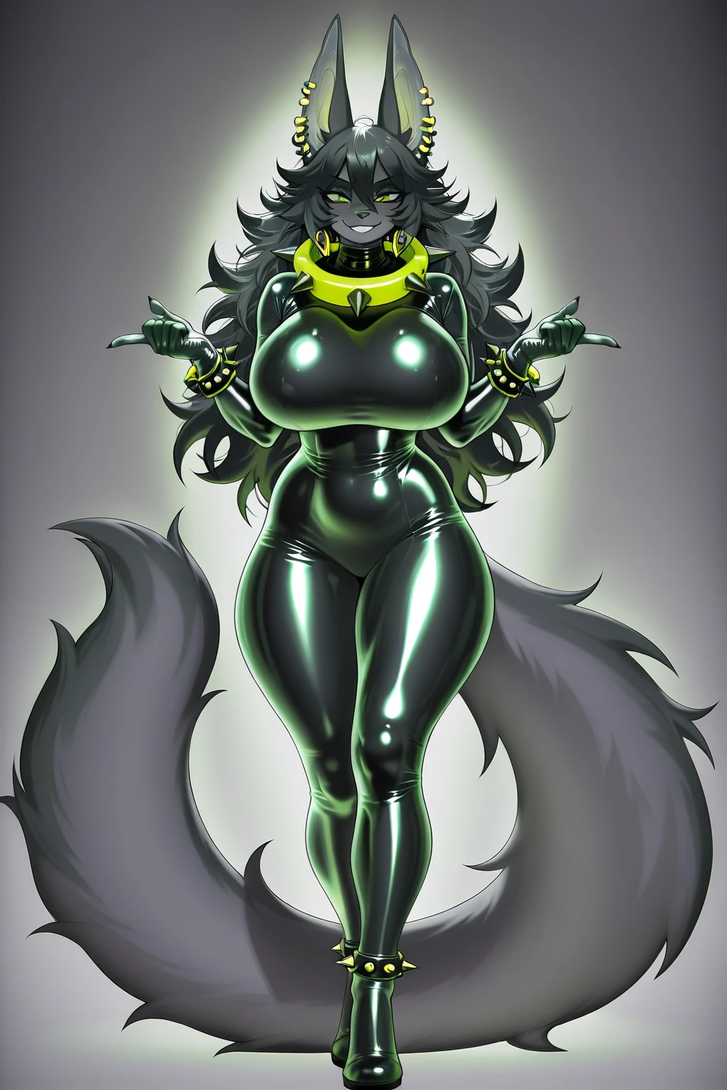 female, jackal, anthropomorphic, big breasts, big ass, black hair, (((1girl))), (((black and gold sling bikini)), full body, cute and sexy, black skin, long legs, smiling, (narrow frame sunglasses)