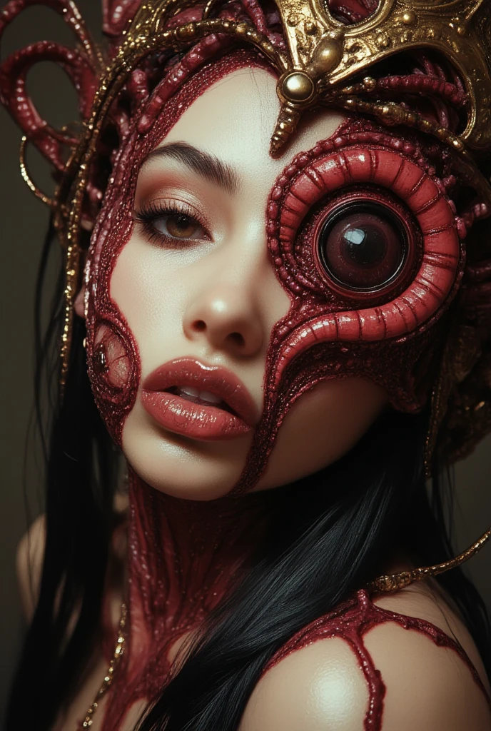 Female alien, beautiful face, seductive, red eyes, full body image, a sexy, alien without humans, alien, mechanical fusion, multiple hands, many blue mechanical tentacles skin: 1.5), alien, cell, biological images, enchanting, best quality, 8K, 4K_Quality, highDefinition, dramatic lighting, mask: 1.5, cinematic quality, detail oriented, (complex details: 1.2), ultra-high resolution, high-definition, faithful painting, (thick eyebrows: 1.2), (crimson big eyes: 1.6), beautiful symmetrical eyes,