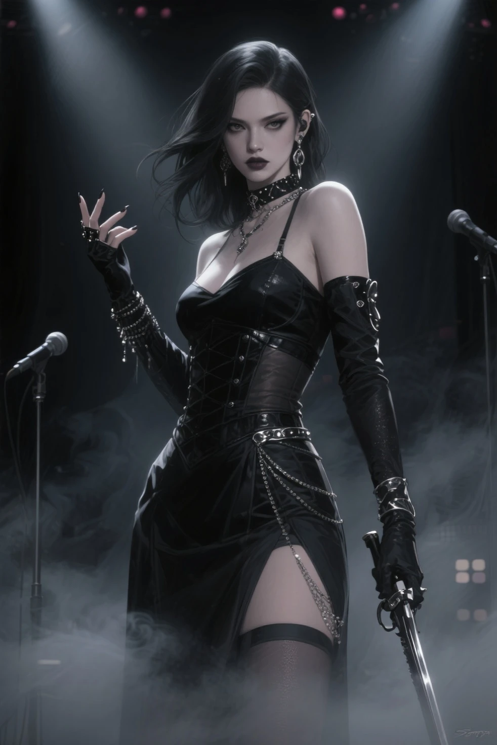 from below, low view shot, in the heart of a heavy metal world, a young sexy rockstar woman with a dark gothic style haircut, disheveled rockstar hair, black and white hair, black pierced ears, sexy dark metal clothes, dark gothic stage, evil smile, rockstar make up. In a heavy metal rock concert, with spotlights pointing at her, dark music, sensual pose, 1hand hold the microphone with passion the other one makes rock signs, Create an atmosphere of a heavy metal rock concert like kiss or metallica, energy and neon lights. good quality eyes, red eyes, ultra detailed, masterpiece, 4k, raytracing, medium body, close-up, low view, particles and hard neon lights.
