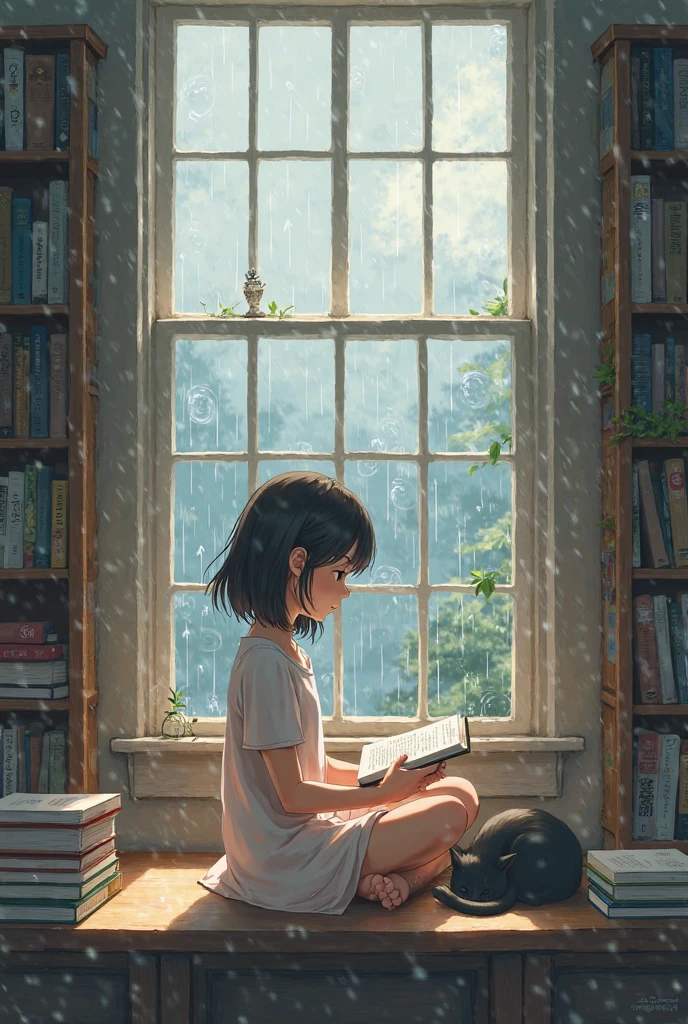 ((Ridiculous)),超high resolution, Attention to detail, high quality, high resolution, 最high quality, 4K, 8K, A girl is reading at the desk. She can see the bookcase and the floor. It is raining outside. It is a comfortable and warm atmosphere suitable for lofi music style. Picture 16:9. You need to be able to see the whole room and the side of the girl.