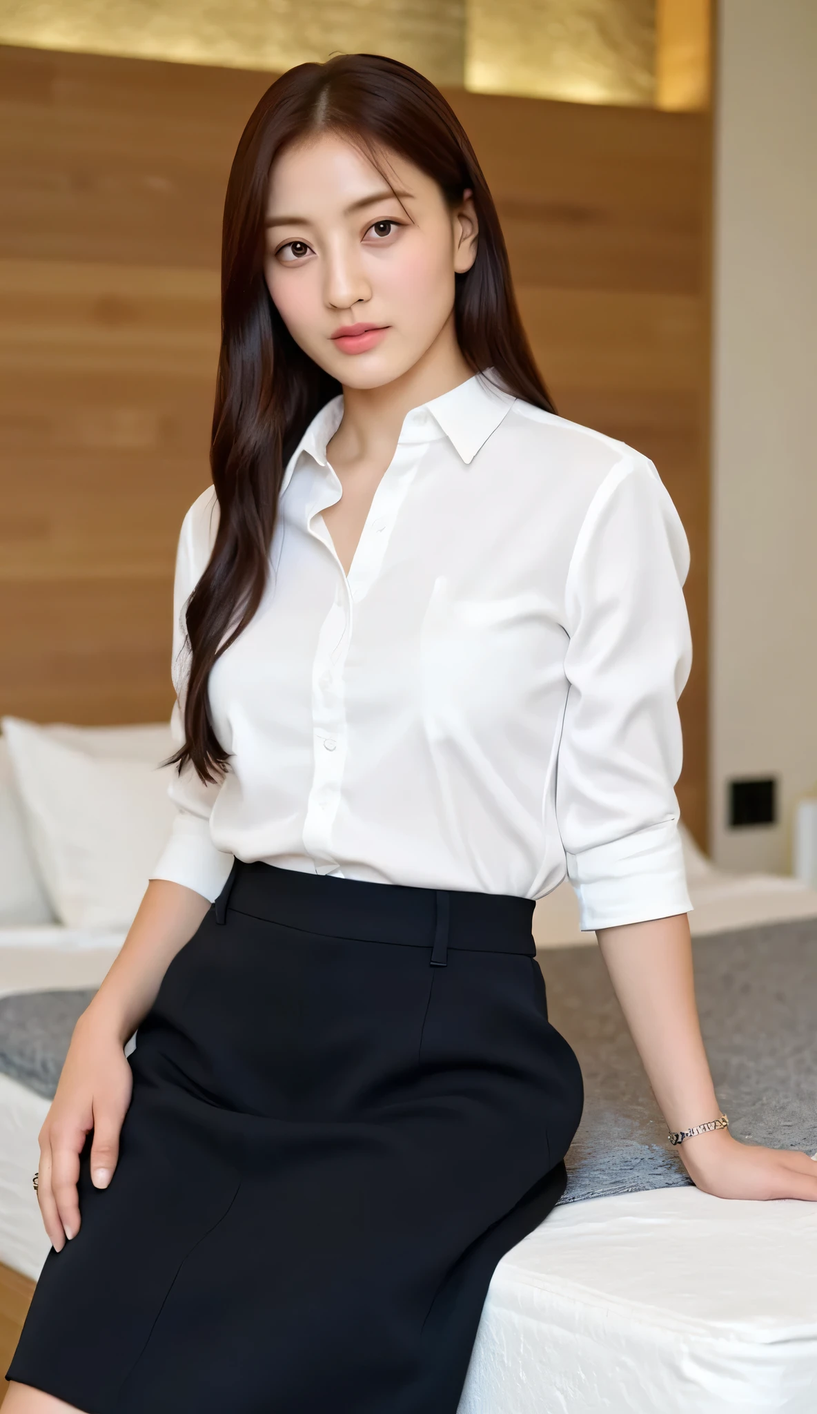 (smile)、I can see your pussy、(nipple見え)、(transparent shirt:1.3)、(In 8K、highest quality、masterpiece:1.2)、(genuine、photorealistic:1.37)、Super detailed、1 girl、cute、beautiful eyes、office、、(nippleが見えてる:1.2)、 (perfect beautiful beautiful face:1.15)、(closed mouth)、細やかなbeautiful eyes、(No underwear:1.1)、、short cut hair、(sheer shirt:1.2)、、(short hair:1.5)、Floating hair NovaFrogStyle、thinボディ、20 year old woman、brown hair、、brown eyes、small head、((G cup))、fashionable girl、beautiful eyes、genuineフェイス、genuineな肌、fine eyes、、(sheer shirt:1.2), dynamic pose、viewer、Beautiful face and breasts,　the tip of the chest sticks out。Areola is protruding。The shape of the genitals is clearly visible。lots of eyelashes。black eyeshadow。bright red lips。black sexy high heels。pubic hair。The lower abdomen is bristly。thin。thighs are open。pubic hairたくさん、pubic hairがはみ出てる、 and delicate figure、(At the office)、camel toe、protruding pussy＿nipple