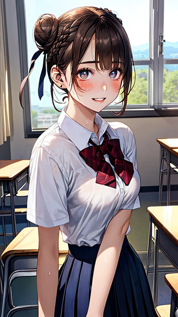 drunk girl ((mischievous smile)) ((messy uniform))((messy school uniform)) ((blushing)) ((sitting)) ((Brown hair)) ((the plan)) ()thin and very not voluptuous body)) ((small breasts)) ((small hips)) 