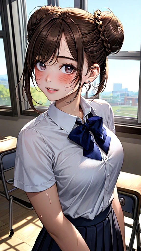 (masterpiece:1.2, top-quality), (realistic, photorealistic:1.4), beautiful illustration, (natural side lighting, movie lighting), nsfw, 
looking at viewer, face focus, upper body, 1 girl, japanese, high school girl, perfect face, cute and symmetrical face, shiny skin, 
(long hair:1.5, straight hair:1.4, dark purple hair), hair over one eye, dark purple, long eye lasher, (large breasts, seductive thighs, big ass), ?????? hardening, slender, 
beautiful hair, beautiful face, beautiful detailed eyes, beautiful clavicle, beautiful body, beautiful chest, beautiful thigh, beautiful legs, beautiful fingers, 
((detailed cloth texture, short sleeves white collared shirts, navy pleated mini skirt), black tie), 
(beautiful scenery), evening, (school class room), school desk, school chair, window, curtains, blackboard, standing, (lovely smile, upper eyes), 