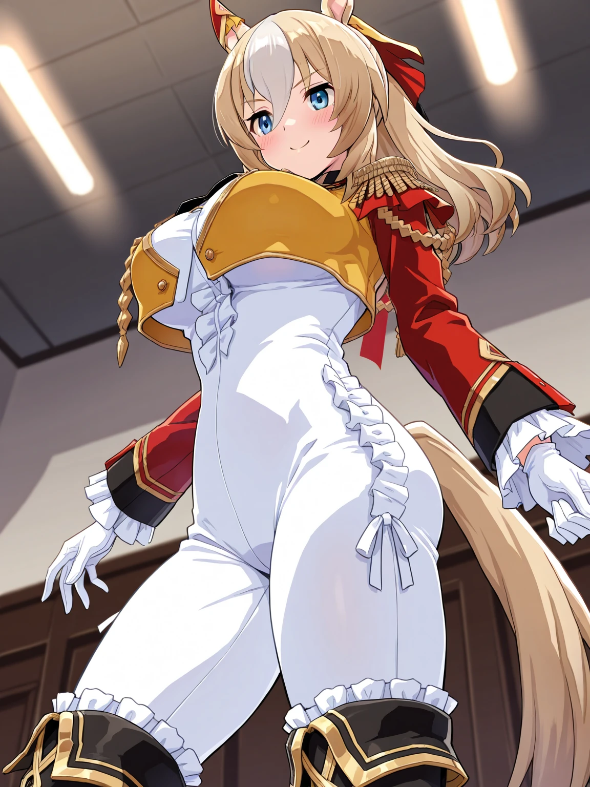 Yuinshiel Asteria, blonde long hair,(Epaulette blue long coat, red shirts, white skirts), blue eyes, white gloves, white thighhigh, 
(masterpiece:1.4), (high_resolution:1.4), ((realistic, photo-realistic:1.2), (high detailed skin:1.4), (light smile:0.9), (open mouth:0.5), (closed eyes:0.5), (wide hips:1.2), (masterpiece, best quality, ultra-detailed, intricate details_1.2), (absurdres), detailed background, 
(((breath))), 
1igrl, (((thin waist))), finely detailed, hyper realistic, (((Ray Tracing))), dramatic, (((bright beautiful detailed eyes))), 
(((best quality, masterpiece, 8k,4k, Ultra Quality))), light rays, colorful, beautiful, vibrant colors, sharp focus, realism, smile, sleepy, happy, joy, (((extremely absurdres))), indoor, assup, bending down, pantie pull,