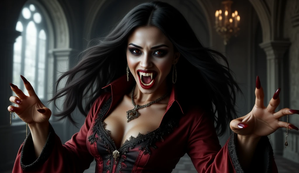 portrait oil on canvas painting , dark gothic church, beautiful busty Asian succubus woman, long thin demon tail, black eyes, sharp fangs, sharp teeth, vampire fangs, monster teeth, evil, dark, mysterious, black leather warlock dress, black smoke