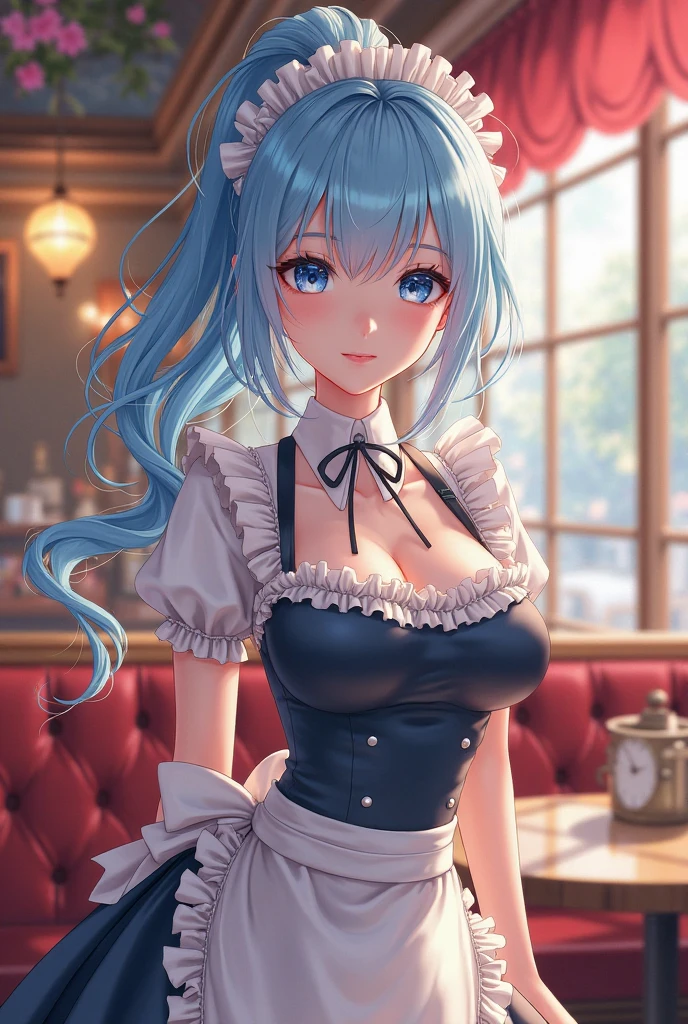 8K、top-quality、Masterpiece、An ultra-high picture quality、ultra-detailliert、Super beautiful、animesque、Ultra-realistic flesh feeling、full bodyesbian、Drinking a latte、Off-shoulder blue knitwear、Beautuful Women、Long blue hair、poneyTail、Blue eyes、shinny skin、Very gigantic-breasts、extremely big ass、shinny skin 、The background is a café --auto --s2