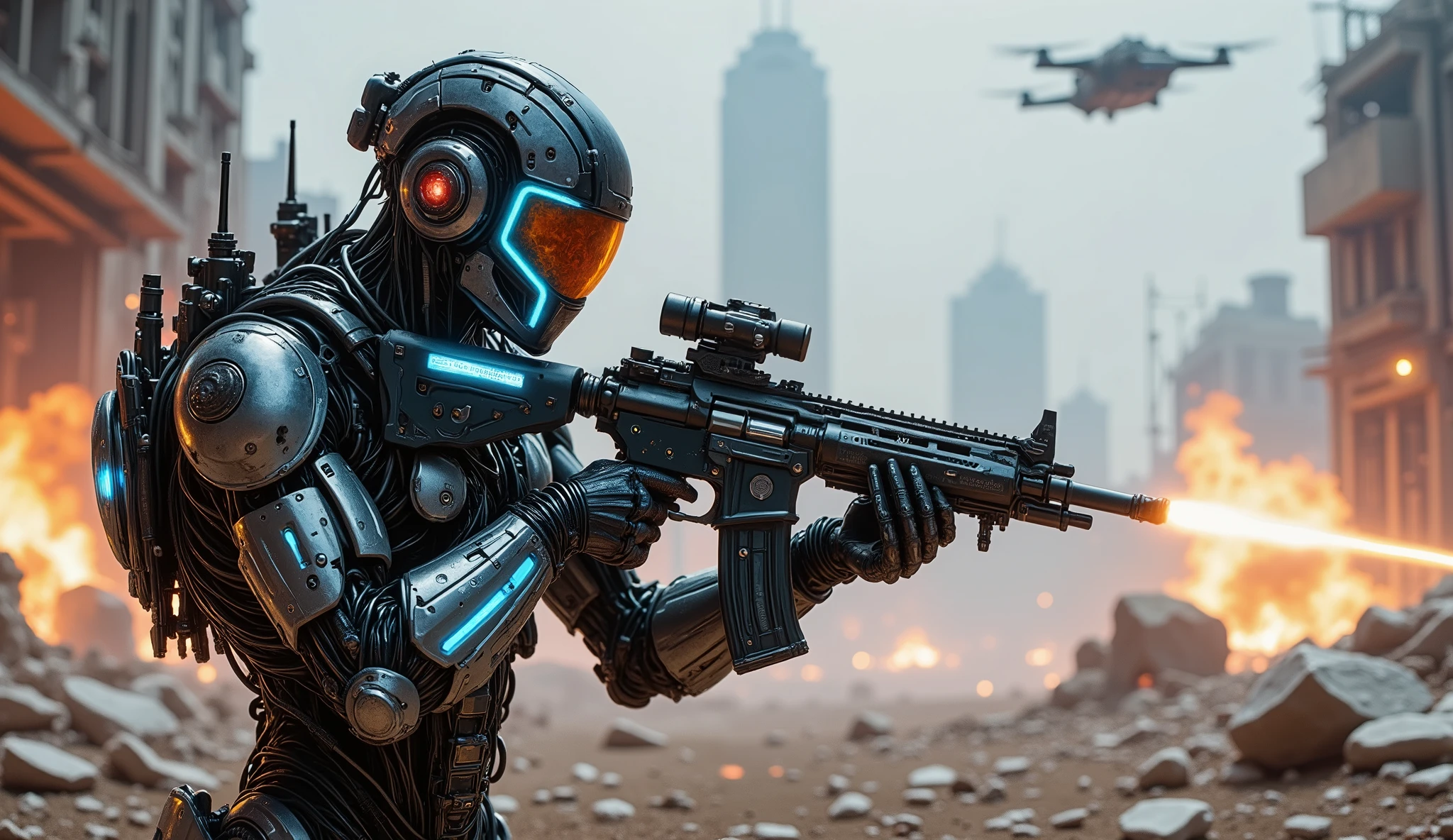 pinkmechalux, A highly detailed futuristic sci-fi soldier in an intense combat scenario, wearing advanced power armor with a sleek metallic design and glowing blue energy lines. His helmet is equipped with an augmented reality HUD display, reflecting tactical data and enemy positions. The soldier grips a high-tech plasma rifle with intricate cybernetic components, glowing accents, and an advanced targeting scope. The battlefield is a dystopian warzone with crumbling buildings, neon-lit debris, and hovering drones scanning the area. In the background, explosions and laser beams illuminate the smoky, war-torn environment. Sparks and embers float through the air, adding a cinematic, action-packed atmosphere. The image is rendered in ultra-realistic detail with a mix of cyberpunk and military sci-fi aesthetics, evoking themes of futuristic warfare and elite special operations.