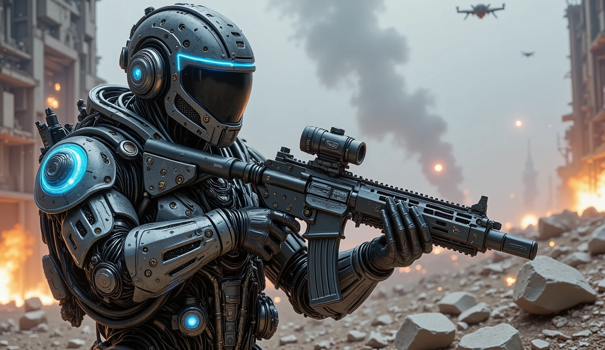pinkmechalux, A highly detailed futuristic sci-fi soldier in an intense combat scenario, wearing advanced power armor with a sleek metallic design and glowing blue energy lines. His helmet is equipped with an augmented reality HUD display, reflecting tactical data and enemy positions. The soldier grips a high-tech plasma rifle with intricate cybernetic components, glowing accents, and an advanced targeting scope. The battlefield is a dystopian warzone with crumbling buildings, neon-lit debris, and hovering drones scanning the area. In the background, explosions and laser beams illuminate the smoky, war-torn environment. Sparks and embers float through the air, adding a cinematic, action-packed atmosphere. The image is rendered in ultra-realistic detail with a mix of cyberpunk and military sci-fi aesthetics, evoking themes of futuristic warfare and elite special operations.
