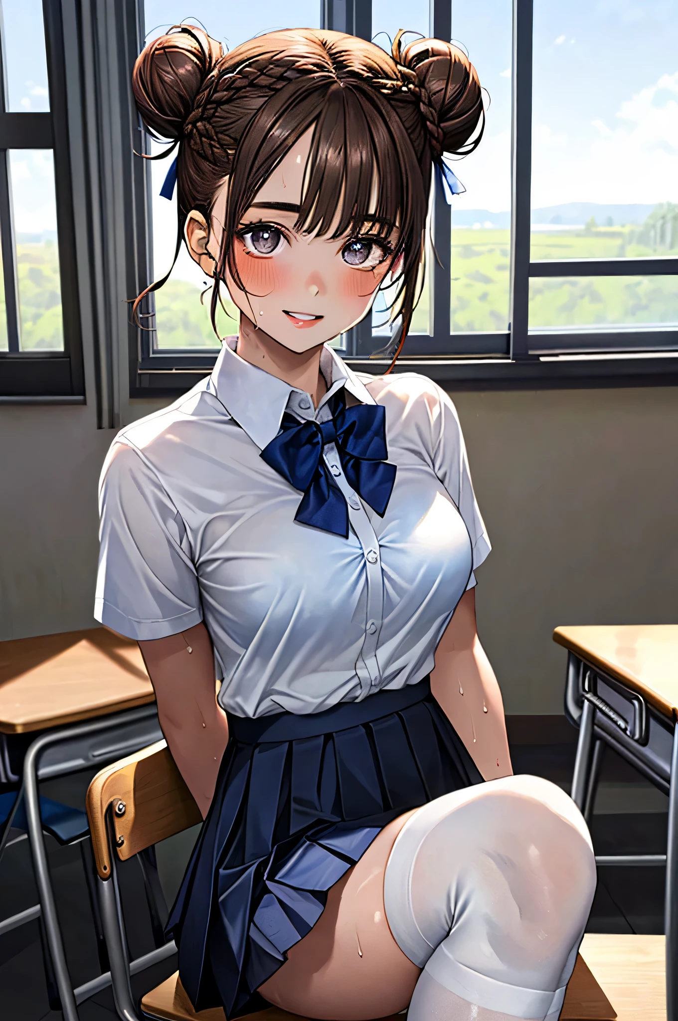 (masterpiece:1.2, Highest quality), (Realistic, photoRealistic:1.4), Beautiful illustrations, (Natural Side Lighting, Cinema Lighting), Written boundary depth, Looking at the audience, (Face Focus, Upper Body), Front view, 1 Girl, English, high school girl, 15 years old, Perfect Face, Cute symmetrical face, Shiny skin, (Bob Hair:1.7,blonde), Asymmetrical bangs, Big eyes, Droopy eyes, long eyelashes chest), thin, Beautiful Hair, Beautiful Face, Beautiful and beautiful eyes, Beautiful clavicle, Beautiful body, Beautiful breasts, Beautiful thighs, Beautiful legs, Beautiful fingers, ((High-quality fabric, brown knit vest, Short sleeve white collar shirt, Navy Pleated Skirt, Red bow tie)), (Beautiful views), evening, (School classroom blurred background:1.2), Are standing, (smile, Superior, Open your mouth), (Lifting the skirt to reveal panties:1.5)