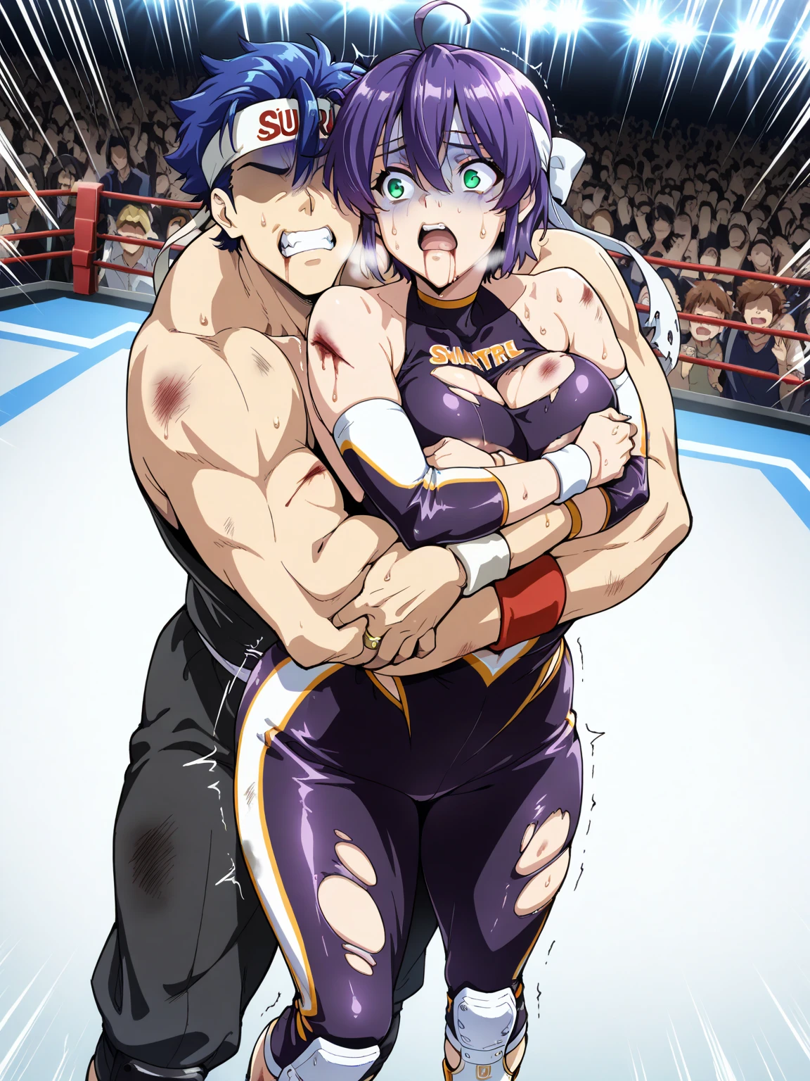 (((masterpiece))),(((best quality))),(ultra-detailed,high resolution:1.2),(illustration),((an extremely delicate and beautiful)),(detailed background), (((((hug from behind)))), sex from behind, standing sex, ((((motion lines)))), vulgarity, (((wrestling ring)))), ((1petit girl)and(1fat man)), (height difference),hetero, ((((1petit girl,short stature)))), ((((kafka/(Honkai:star rail/)))), (slender body:1.4), purple hair,pink hair, pink eyes, ((((flat chest)))), pale skin,shiny skin, ((She wears side-tie bikini bottom)),  ((((ahegao)))), (rolling eyes:1.4),(trembling), (cum on clothes,cum on body,excessive cum:1.4),cum facial,bukkake,cum on hair,cum in pussy, clothing aside, clothed, (1fat man,tall stature:1.4),large penis, he looks ahegao, text,
