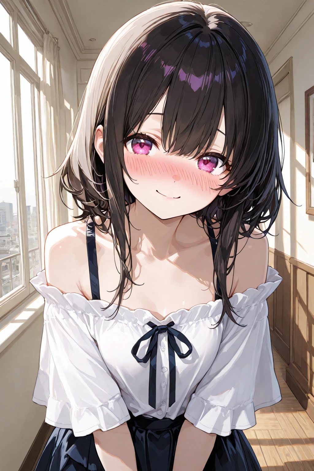 (Ultra-high resolution of the highest quality, masutepiece, Best Quality, 8K, Super Detail, Best Quality:1.3), (Anatomically correct:1.3), (face shot:1.6), (1 Little Girl), (Child), (Loli), (infant), (Small body), (flat chest), (elementary school student), (blush face:1.6), short black wavy hair, bangs hair over eyes, (drooping eyes), (loungewear), girl's own room, funny smile, (beautiful hair, beautiful eyes, beautiful face) (face focus, human ear focus, clavicle focus), from side