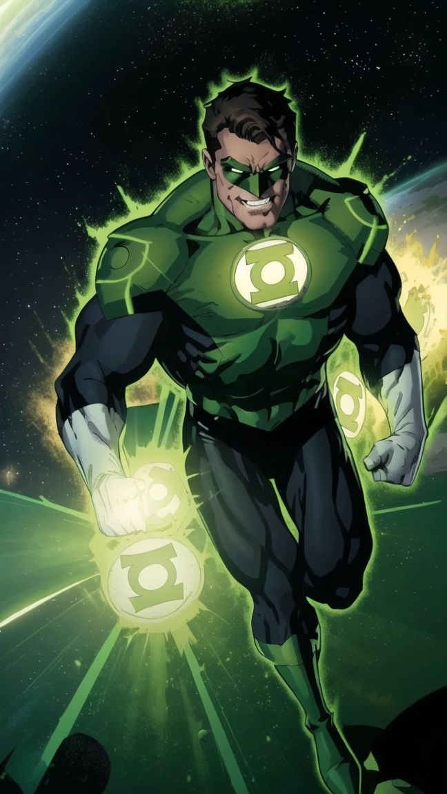 An award-winning original photo，A wild muscular man, (30 years old man:1.3), 1boy, Solo, (wearing a (green lantern) metal suit), (green ring on a finger), spikes, neon stripes, bfown hair, (big shoulder), muscular, hunk, stubbles, Short beard, (Detailed face:1.3), (beautiful eyes:1.2), really angry, Dynamic Angle, volumetric lighting, (Best quality, A high resolution, Photorealistic), Cinematic lighting, Masterpiece, RAW photo, Intricate details, hdr, depth of field, knee-up shot, in space background
