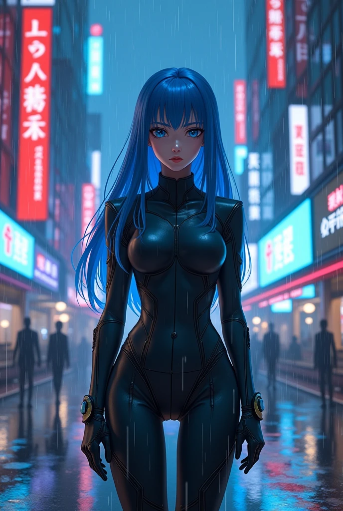 1 girl, narrow waist, pose sexy, looking at the viewer, look from the front. long light blue hair, Red eyes, huge breasts, seductive look, sensual smile, thighs, make up, sensual lips, jewelry, black bodysuit with latex print, Glasses, armor, Science fiction, hair ornament, cowboy shot, standing, straight, outdoor, (evening:1.2), panoramic view, cyberpunk, city, realist, Photo \(half\), Photo background, realist skin texture, detailed background, beautiful and detailed works of art, 