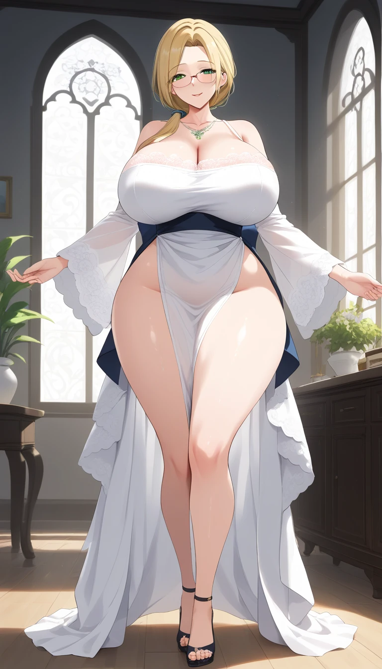 (over the shoulder pov), (Best quality: 1.5), (masterpiece: 1.5), (2.5D), (vivid colors), (1 character), (exaggerated proportions), (hentai), (perfect anatomy), (character in center), (absurd), (4k wallpaper), (eyes
 detailed), (perfect hands), (perfect fingers), (beautiful skin), (glowing skin), (perfect shadows), (perfect lighting), (full body), (beautiful eyes), (masterpiece), (body voluptuous ), (pretty face), milf adult woman, blonde hair with a low and slightly disheveled ponytail, green eyes, wears glasses, wears a knee-length dress with long lace sleeves fitted at the waist and with a moderate V-neckline, cheerful and affectionate expression, mature milf face, huge breasts, huge thighs, huge butt, voluptuous body, good proportions, she is standing in the main room of a house with a broken television behind her