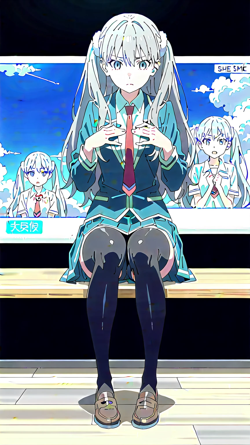 One Naked Girl、Being exposed on a bright stage、Crouching with legs apart、Knees up、Spreading her legs、Arms folded behind head、No clothing on、Expressionless and dead-eyed、The face is upbeat、Desperate look、Crying and screaming、Light blue hair、blue eyes、Standard Bust Size、Nipples、Pussy、Wearing a flower on her head、Condensed milk is poured all over the body、condensed milk on the face、Condensed milk on your hair、Being watched by many people below the stage