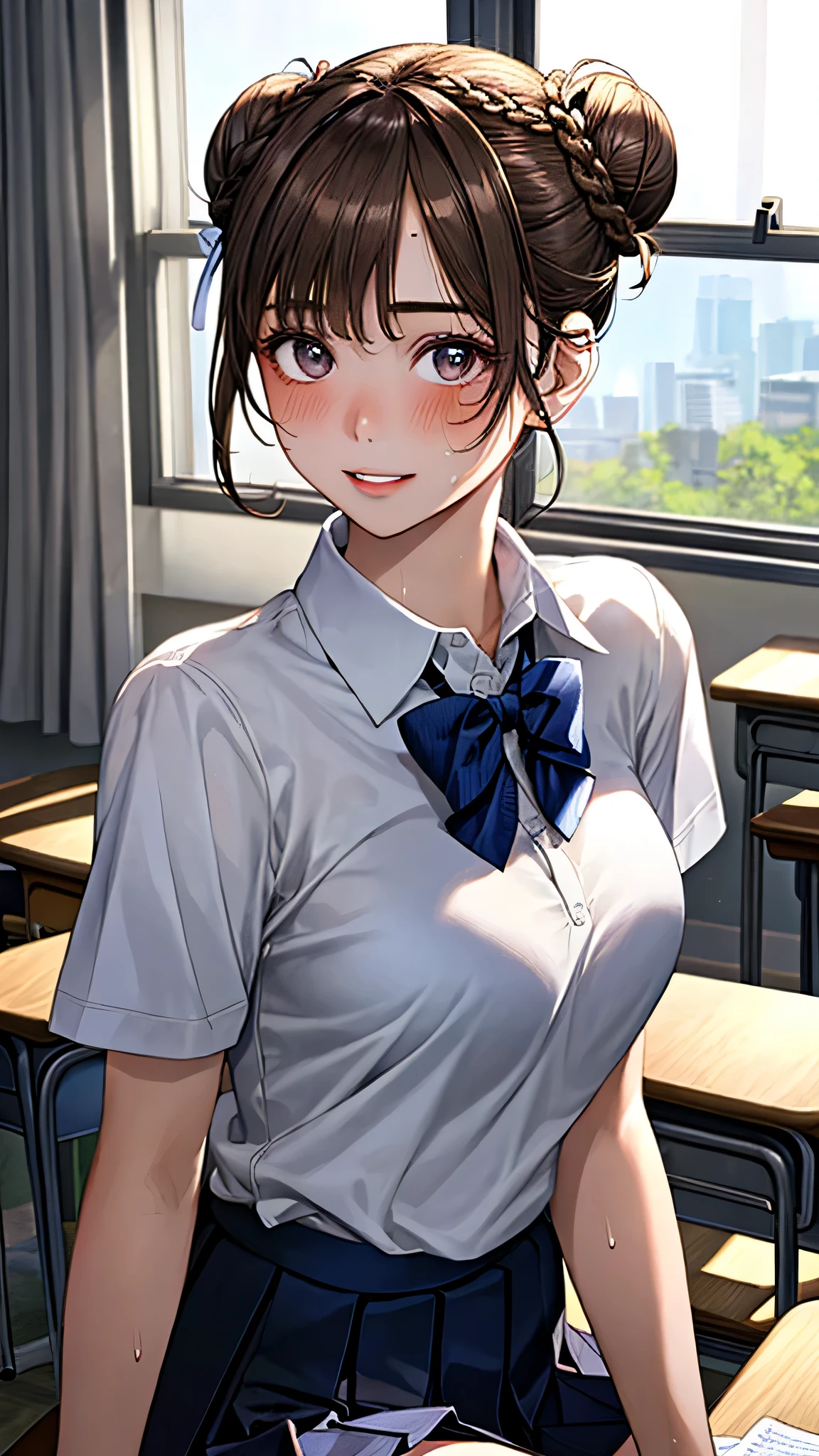(masterpiece, Official Art), One Girl, Black Hair, blue eyes, hair ornaments, Hair Clip,  (school uniform), (shirt), (tie), (skirt), (Wet), (Upper Body), (close), (Huge breasts), Very good、Bright classroom、 Show Viewer, Grin, attractive, blush, attractive服, (close), (Place your hands behind your head), (Upper Body), Short Bob