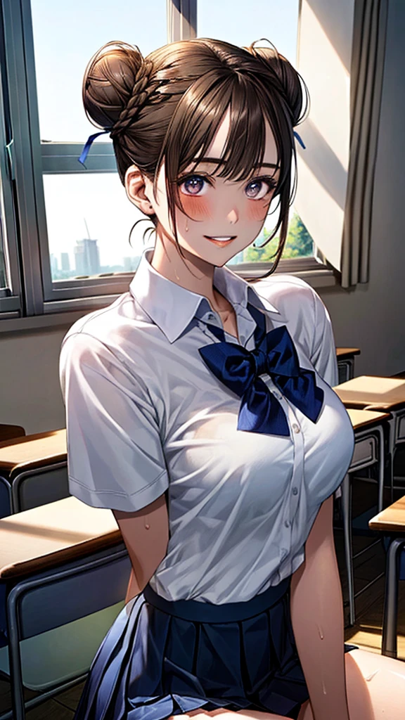 (masterpiece、highest quality)、Beautiful illustrations、Gazing at the viewer、Beautiful thighs、Front view、1 girl、Mature high school girl、A high school girl who looks 25 years old、Shiny skin、(ponytail)、Big eyes、Long eyelashes、very tall、 Beautiful Hair、Beautiful Face、Beautiful Eyes、 Beautiful breasts、Beautiful thighs、Beautiful legs、Beautiful fingers、(((brown knit vest、Short sleeve white collar shirt、Navy Pleated Skirt)))、((Red bow tie))、(In the classroom)、Are standing、((smile))、(((((Skirt lift with both hands、Panties and black pantyhose are visible)))))