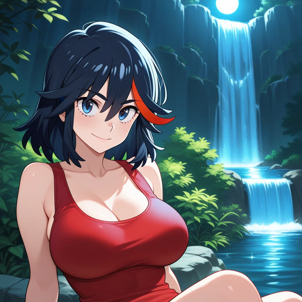 "Gorgeous and high-quality, highly detailed NSFW masterpiece that features two beautiful girls in their bikinis sitting near a waterfall. One girl seems shy while the other is showing off her bare chest, creating a sexual atmosphere." medium breasts