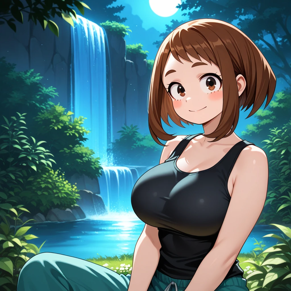 attractive korean woman, ripped muscle, muscular body, small breast, pale skin, smile(blush), nude, thin necklace, sixpack abs, [ultra detailed skin:1.2], brown hair, wavy hair, 8k uhd, pussy, full body, crowd, public, forest, waterfall, standing, wet, tan lines,