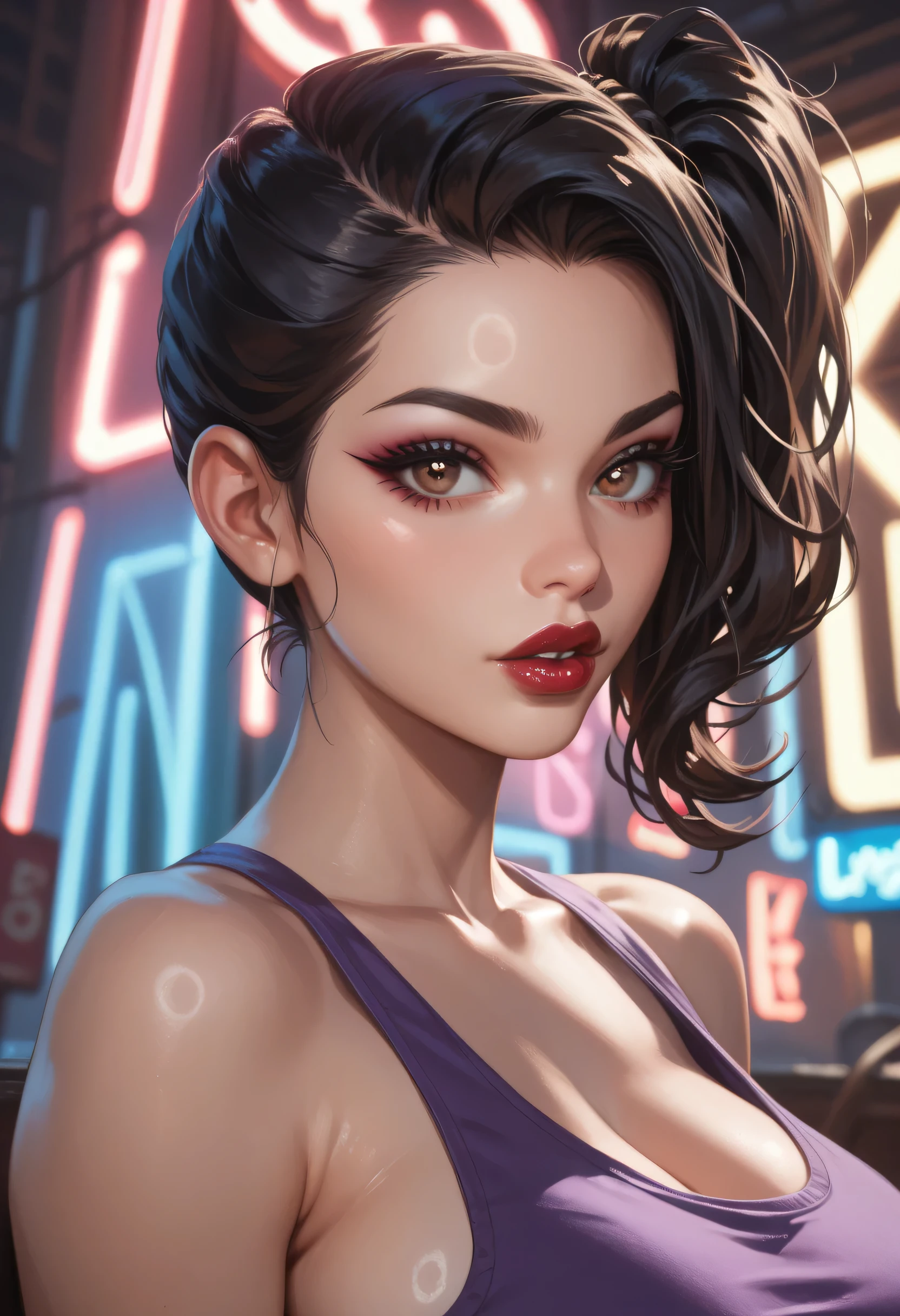 woman, (perfect face), detailed pupils, side ponytail, black hair, black thin eyebrows, brown eyes, purple eyeshadows, black eyeliners, nose, dark red lips, thick lips, parted lips, tank top, purple tank top, large breasts, ((neon light))