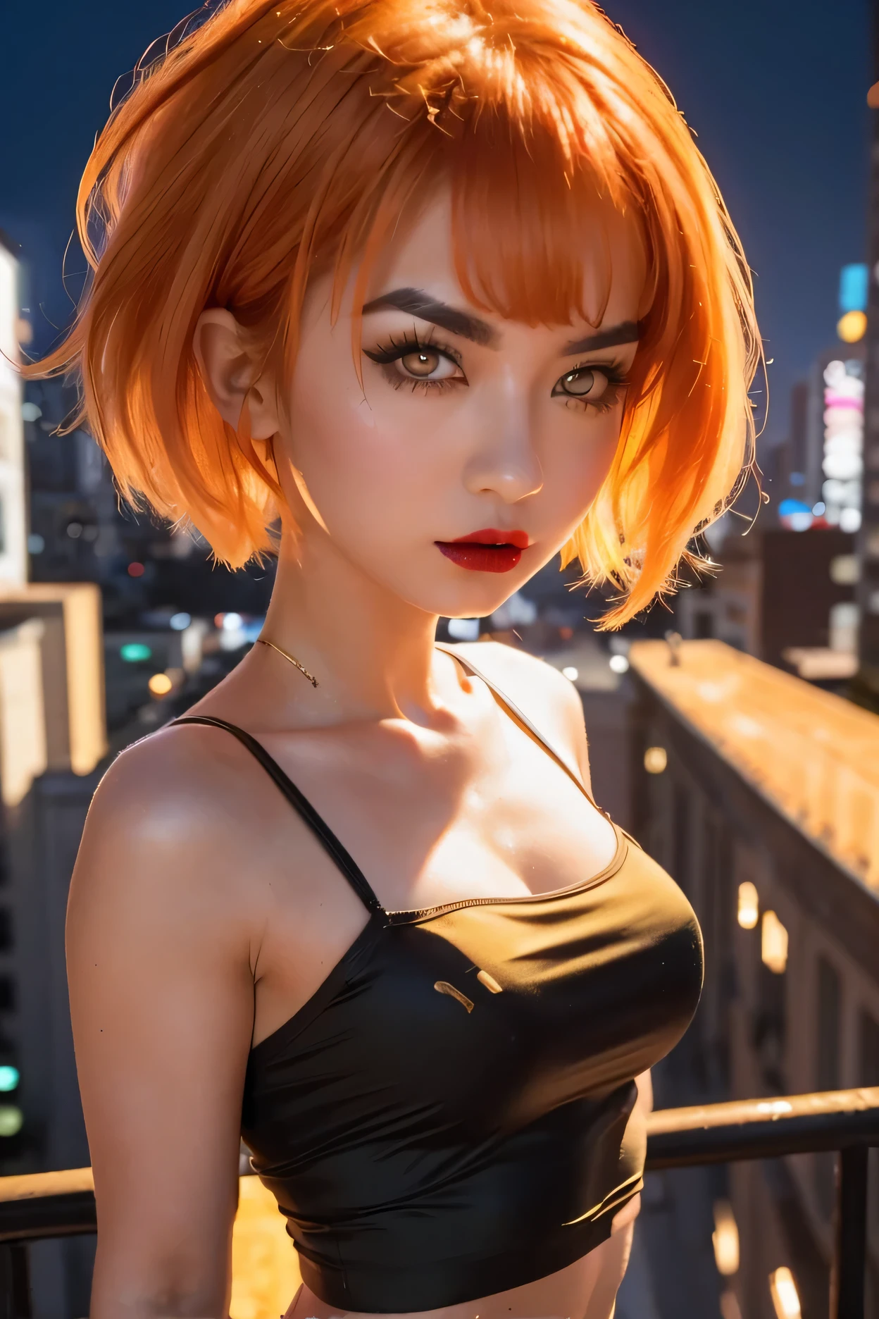 (cityscape:1.3), 1girl, ((short hair)), ((orange hair)), ((black eyebrows, thick eyebrows)), ((glowing golden eyes)), ((big eyes)), ((thick lipstick)), ((perfect face, beautiful girl)), ((muscular female)), (tube top, black tube top), from side, looking at viewer