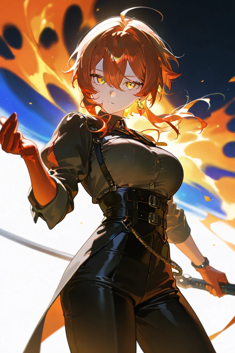 colorful, 1girl, mature, large breasts, orange hair, short ponytail hair, yellow eyes, dual wielding, sword, holding sword, red flames, glow, glowing weapon, light particles, wallpaper, chromatic aberration,