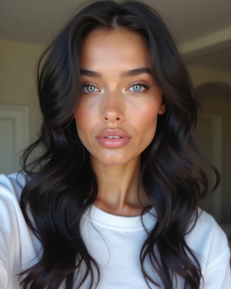 a realistic instagram selfie photo of a [ really beautiful exotic androgynous supermodel 19 year old woman] , with [long, dark hair ] , looks like [Megan FOX] and [Adriana Lima], light makeup, looking [ nomakeup innocent, cute, flushed] , dressing room [light] skin --ar 9:16 --stylize 750 --v 6