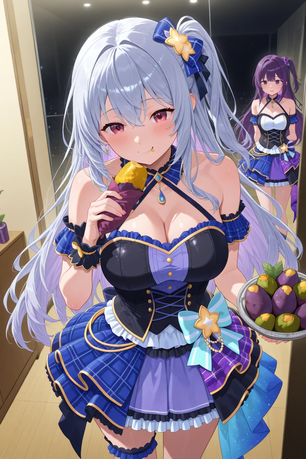 Score_9, Score_8_up, Score_7_up, ASCII masterpiece, source_anime, BREAK, 1girl, solo, mikuizayoi, miku izayoi, bangs, blunt bangs, hime cut, hair ornament, long hair, blue eyes, blue hair, blush, naughty face, big breasts, ((thin waist, wide hips, beautiful skin, beauty, extraordinarily beautiful woman, attractive woman, super sexy woman, lustful body, sexy girl with seductive and obscene body, sensual body, voluptuous body, )), rear view, lewd cleavage, playboy bunny, blue leotard, detachable collar, fishnet pantyhose, blue pantyhose, fake bunny tail, blue fake bunny ears, indoors, shiny clothing, shiny skin, bar, nightclub, fancy decorations, cowboy photo, from above, looking at viewer, hands behind back (detailed face, detailed eyes), delicate features, soft lighting, warm colors, pastel colors, seductive smile, cute and sexy,