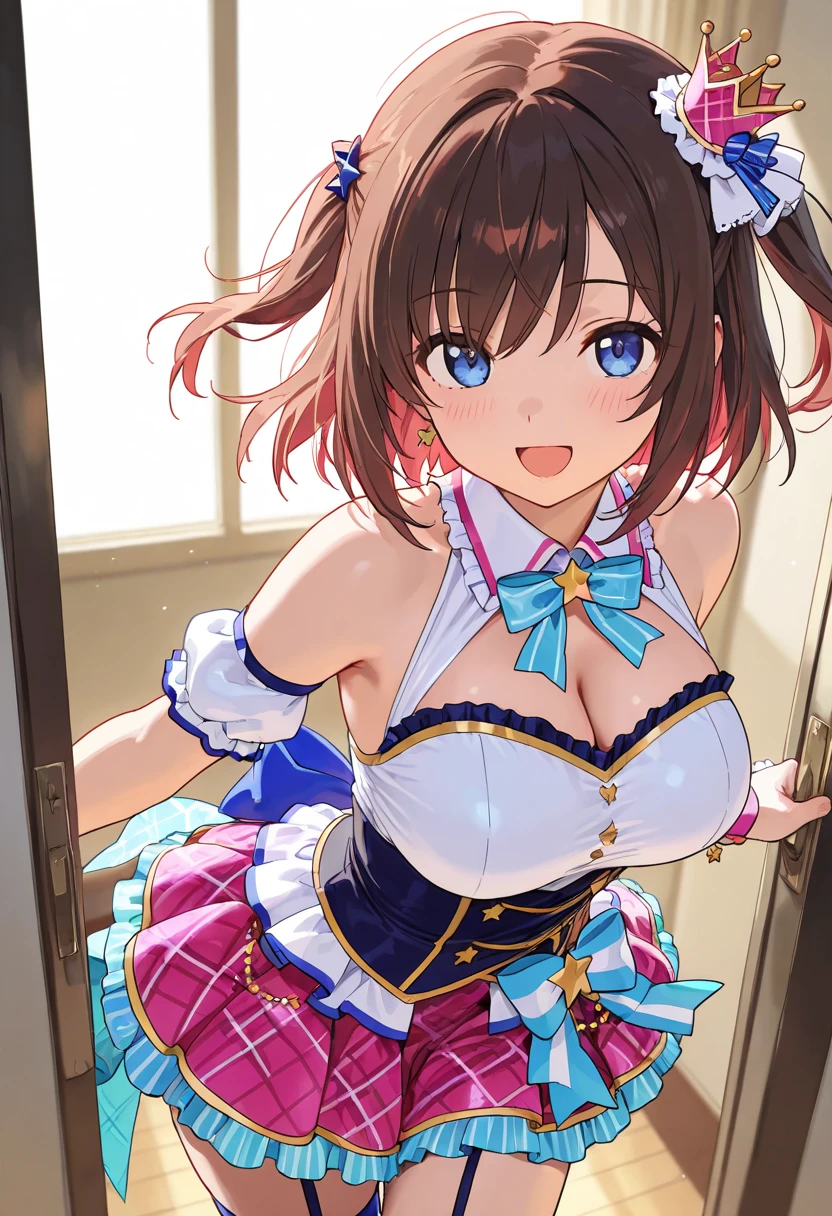adult woman、exact number of fingers、Exact number of legs、Exact number of arms、bangs, ribbon ponytail, brown hair, (blush:1), (put one hand in your panties:1.8), fingering, (pussy juice:1.2), cum in mouth, (A woman is holding a microphone and is about to sing:1.5)、white and navy idol costume、That costume includes a navy blue idol-style corset., That costume has a ribbon on the collar.、The costume covers the shoulders, sides, upper arms, and arms., That costume only opens wide at the chest.、high socks、white idol style skirt, (Detailed and luxuriously decorated underwear:1.3), nipple、Ribbon at collar, (White and pink panties with lots of lace:1.3), white lace bra:1.2), sexy underwear, Thighhighs、 beautiful big breasts, (erect nipples:1), the skirt is turned up、highest quality, High resolution, (detailed and beautiful eyes:1.6), highly detailed face, perfect lighting, Very detailed CG, (perfect hands, perfect anatomy),embarrassed expression、The expression that you are holding back from going to the toilet, (sexual pleasure expression:1.4), (expression of agony:1.2)、close your eyes、sexy look、look upward、mouth half open、Climax、(live stage、a lot of spectators:1.3)、whole body