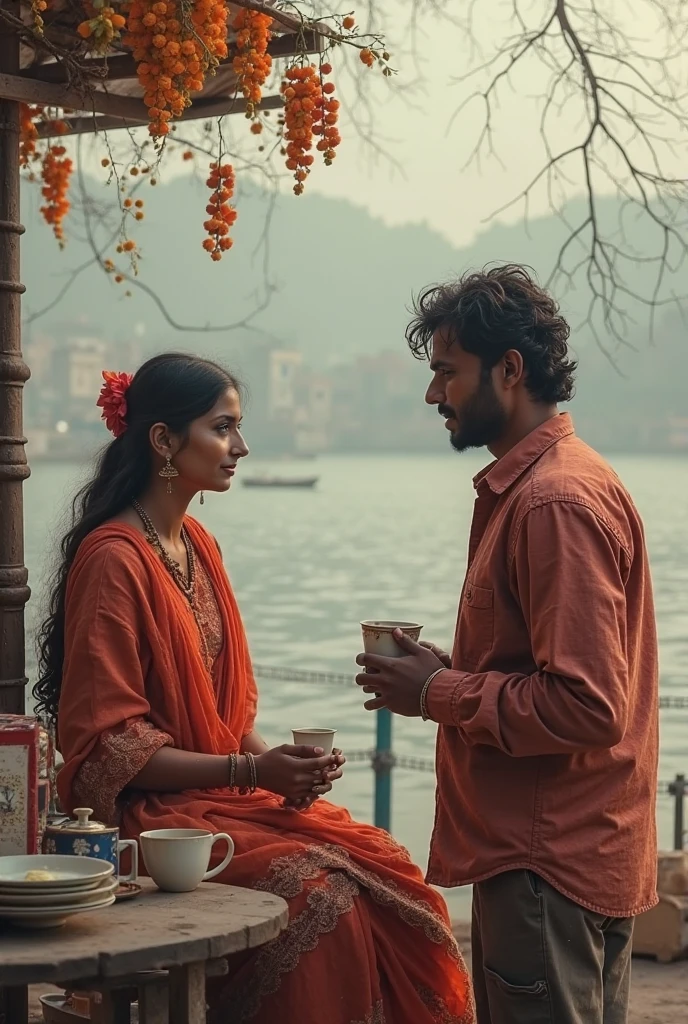 Make a illustration where a man and a women sits beside a river and they look at each other, the man must wears Punjabi and the women sari, and they looks like bengali people