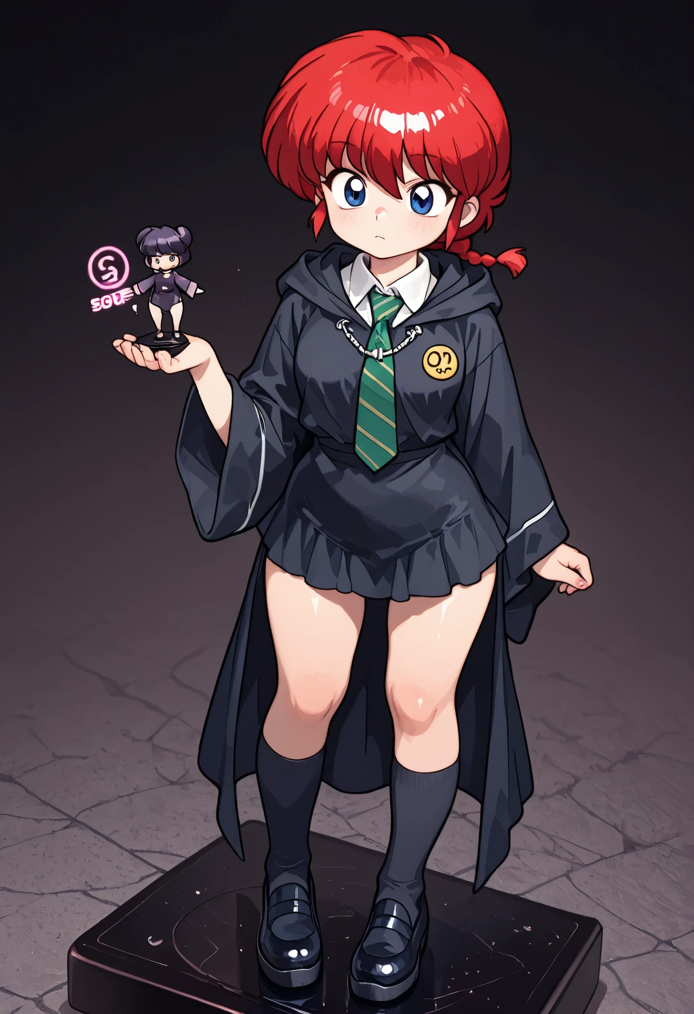 safe_pos, Ranma Saotome. red hair. short hair. blue eyes. small breasts. wide hips. necklace. black eyeliner. pink manicure. |  score_9, score_8_up, score_7_up, faux figurine, nendoroid, full body, figure, platform, solo, Anime, 1girl, masterpiece, best quality, high quality, high resolution, highres.|| masterpiece, best quality, dark theme, 1girl, 1990s \(style\), retro artstyle, cel shading \(2d\), grainy, neon lights, vhs artifacts, from angle, score_9, score_8_up,score_7_up, source_anime, 1girl, solo,black robe, hood down, wide sleeves, green necktie, diagonal-striped necktie, white shirt, collared shirt, badge, black skirt, black legwear, kneehighs, standing, outdoors