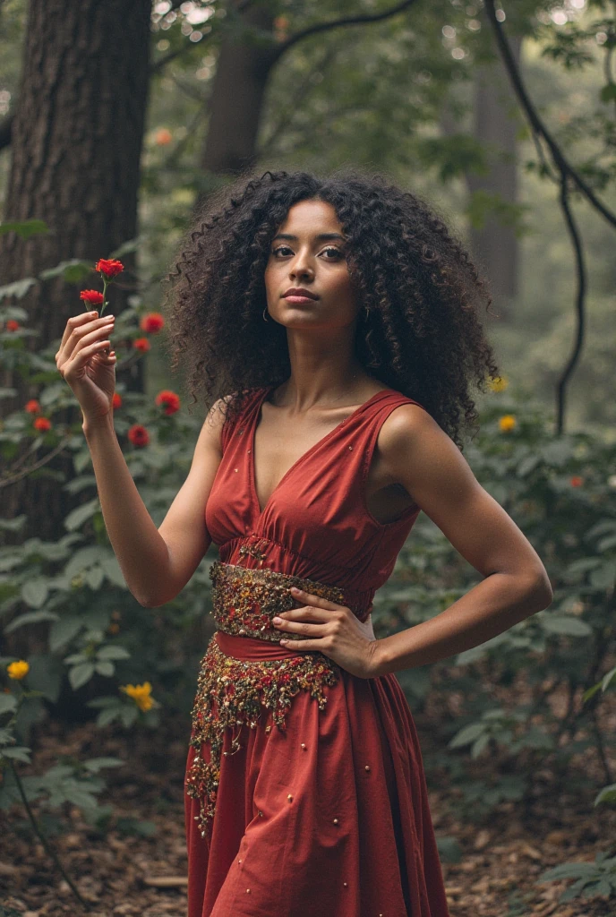 Black orisha warrior with curly hair holding a curved sword in her hand, wearing a hot pink dress in a creek in the woods