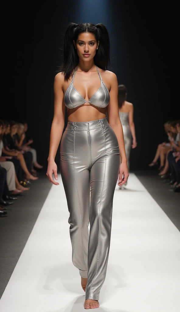 nsfw, 8k, best quality, highres, realistic, real person, A dynamic scene of a female model walking confidently down a runway, surrounded by a large audience under bright lights. The model is elegantly dressed in a high-fashion outfit, with the spotlight focused on her. She exudes confidence and grace as she strides forward. The audience is captivated, and the atmosphere is vibrant and glamorous, capturing the essence of a high-end fashion show. Metallic bodysuit, denim shorts, sneakers, Big breasts, cleavage, beautiful legs, long beautiful legs, beautiful waist, exposed belly button