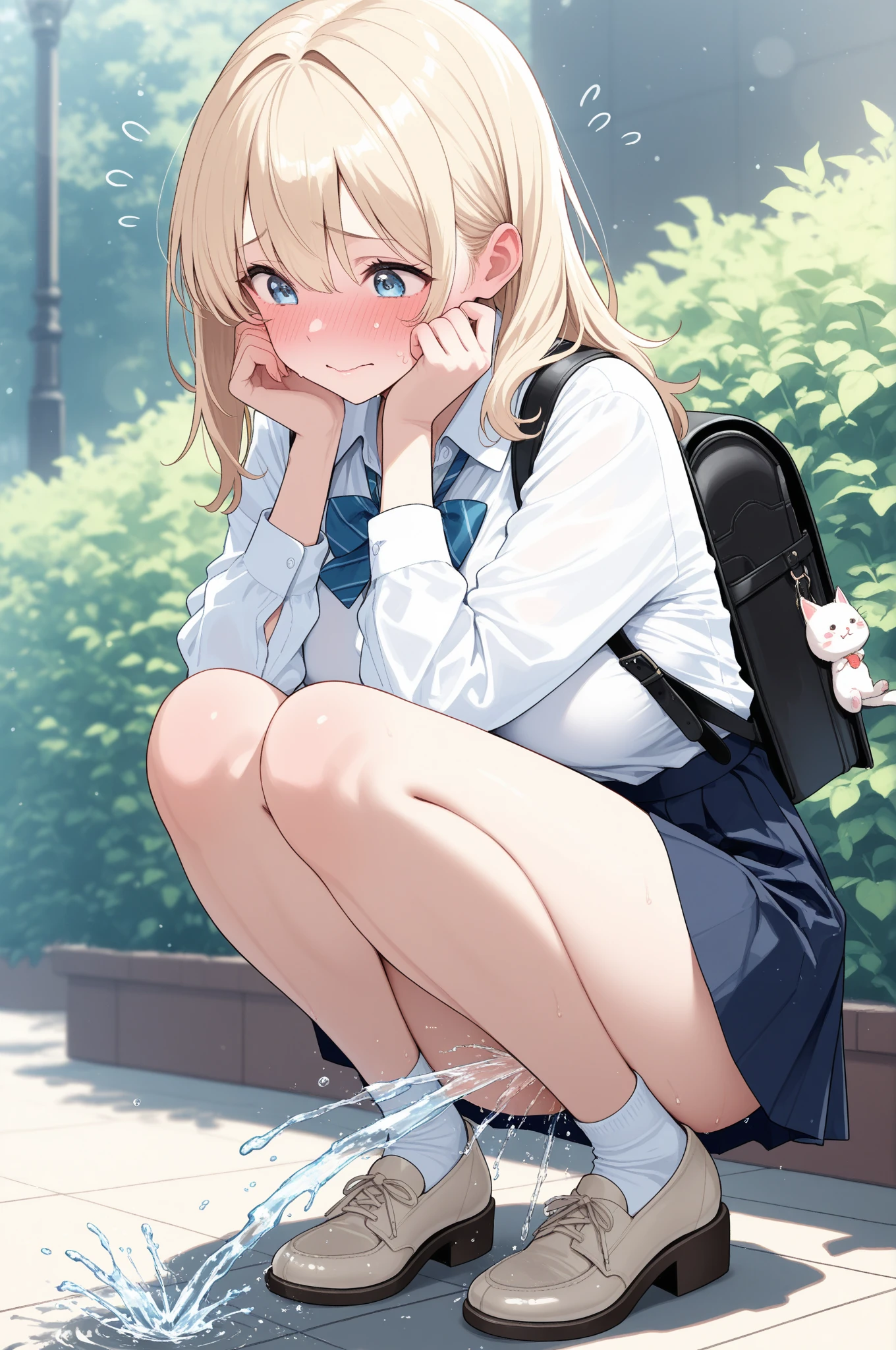 1girl in、A smile、A delightful! The shirt、pleatedskirt、White skirt、(small tits)Squatting panchira、