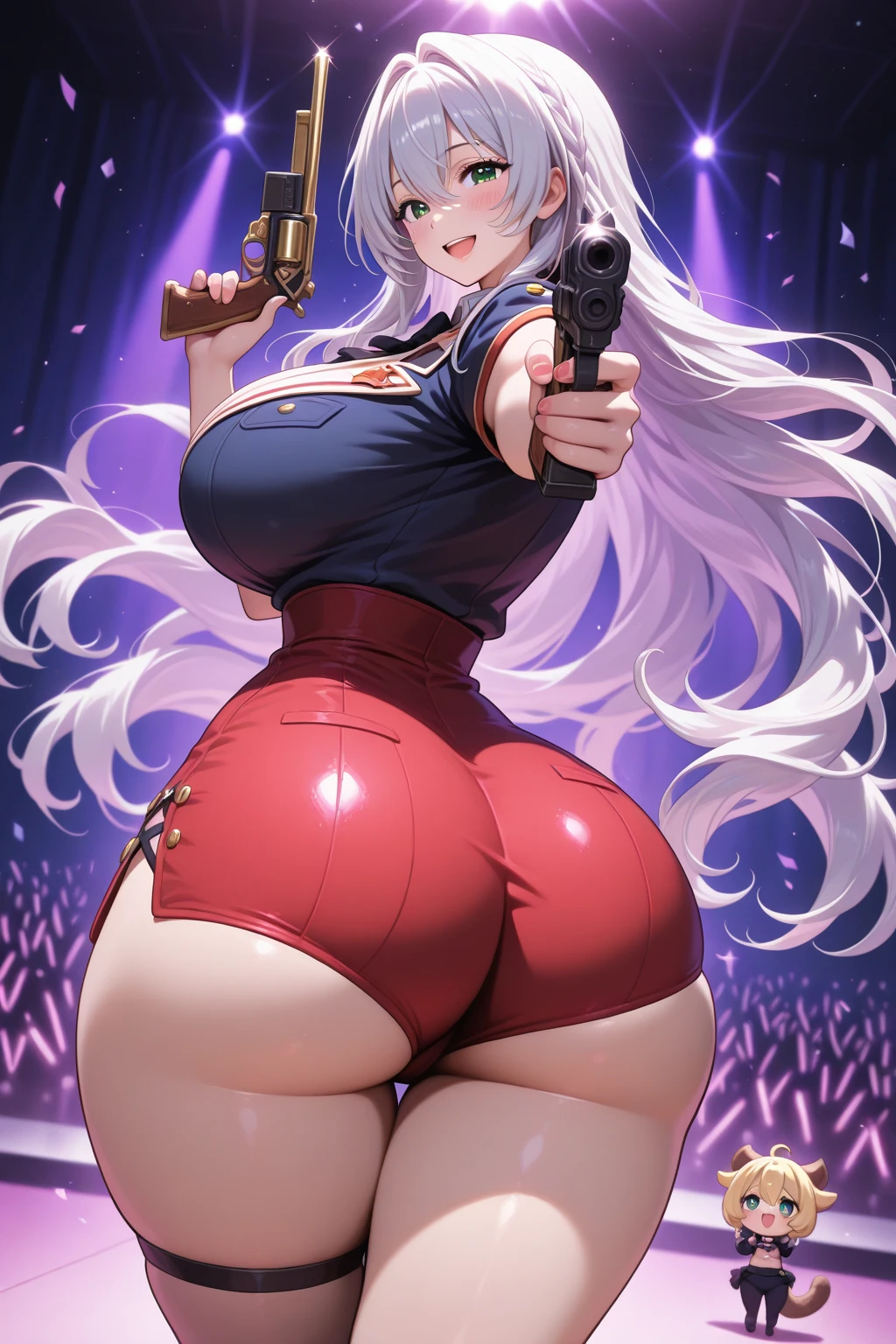 Erotic Anime Illustration、High resolution、A plump dark-skinned high school girl seduces in a karaoke box、gray hair、beautiful eyes、lovelive、reimu hakurei、ecstatic expression、blazer、Overwhelming huge breasts that go beyond common sense、thick legs with fat、perfect proportions、cowboy shot