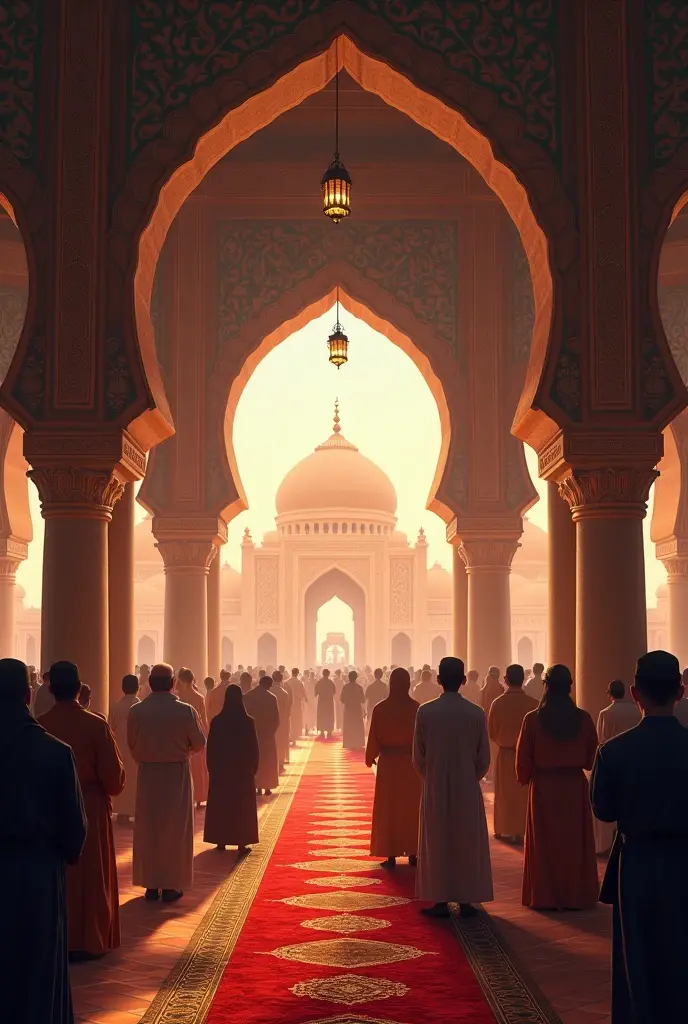 Create an image centered around the theme "What Makes Us Pray" in Islam. The image should depict a serene and spiritual atmosphere, highlighting the elements that inspire Muslims to pray. In the foreground, show a diverse group of people in various stages of Salah (Islamic prayer) with peaceful expressions, symbolizing devotion. Include a mosque in the background with soft, golden light filtering through its arches, suggesting a divine presence. Around the image, incorporate subtle motifs like a prayer mat, a Quran, and crescent moons, blending into the design to represent Islamic spirituality. The overall mood should be tranquil, inspiring, and reflective, using warm tones and a balanced composition.