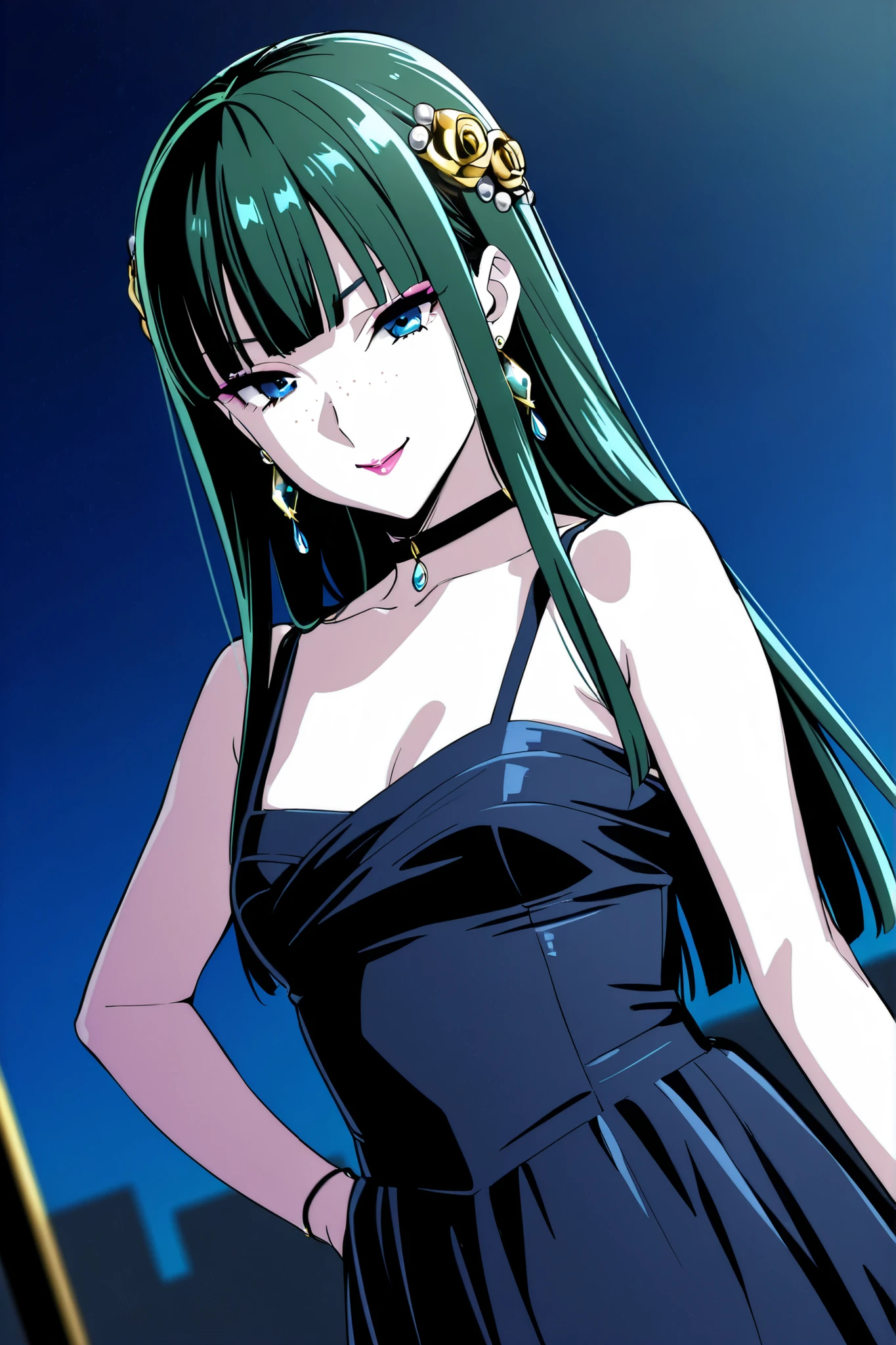1girl, Mao Mao, solo, green hair, long hair, blue eyes, Break up your blunt bangs, earrings, gem, freckles, straight hair, hair hanging over shoulders, hair ornament, makeup, pink eyeliner, rose twin-tail,, small breasts, Pale skin, dynamic angle, Takeda Hiromitsu style, deep neckline dark blue evening dress, golden earrings, Gold Ring, Black Choker with Sparkling Rhinestones, Horizontal milk, looking at the viewer, kind smile, adorable smile, small, beautiful , night,