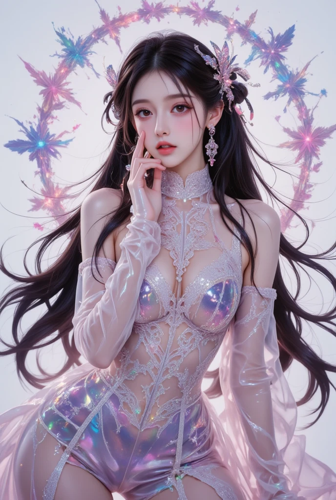 sexy Korean model who controls poison、beautiful smile、lip-gloss、bold lipstick、intense makeup、look at the camera、full body Esbian、、sparkling poisoned flower costume、、、、sparkling Colorful hair、secrete poison、skull hair accessories、sexy tights、shiny sparkling flowers background