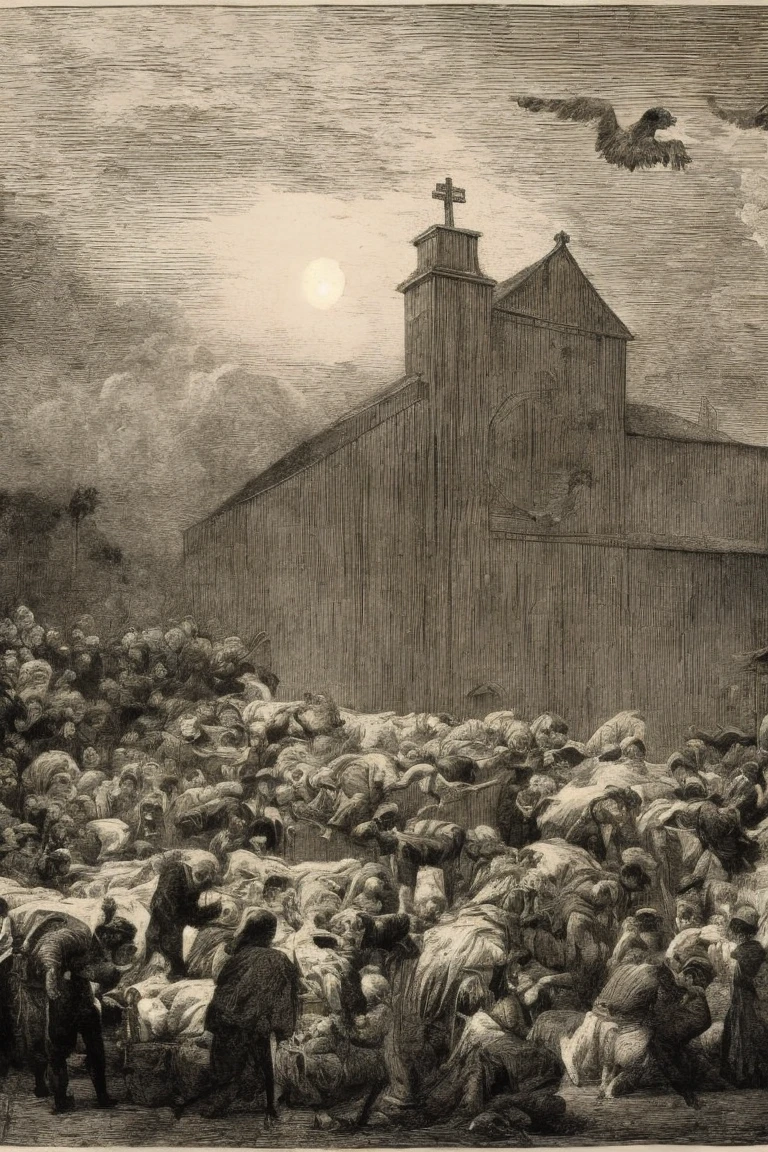   arafed drawing of a 19th-century group gathering at a graveyard on a pitch-dark night,  skulls with bat wings in the sky emitting light 、Surprised person々、The background is a church、Lithograph, gustave dore Lithography,   spooky spiritual grainy  , Lithograph engraving, concert, Sculpture, Sculpture,  19th century woodcut , Church Scenery, Prints by Gustave Doré,  inspired by Johann Casper Fusli ,  by Julius Exner 