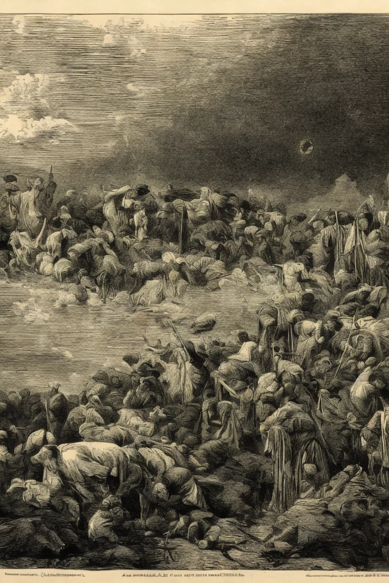   arafed drawing of a 19th-century group gathering at a graveyard on a pitch-dark night,  skulls with bat wings in the sky emitting light 、Surprised person々、The background is a church、Lithograph, gustave dore Lithography,   spooky spiritual grainy  , Lithograph engraving, concert, Sculpture, Sculpture,  19th century woodcut , Church Scenery, Prints by Gustave Doré,  inspired by Johann Casper Fusli ,  by Julius Exner 