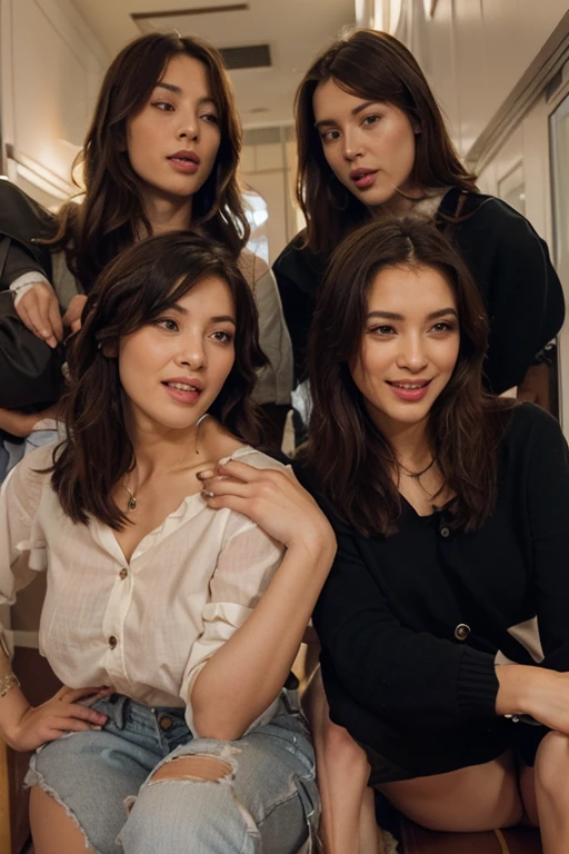 Photoshot session for Vogue magazine, group of 4 full figured asian women, short hair, long hair, full turtle neck inner shirt, classy elegant designer long suit jacket closed outfit, long wide pants, sitting on high vintage couch, rich classic interior setting