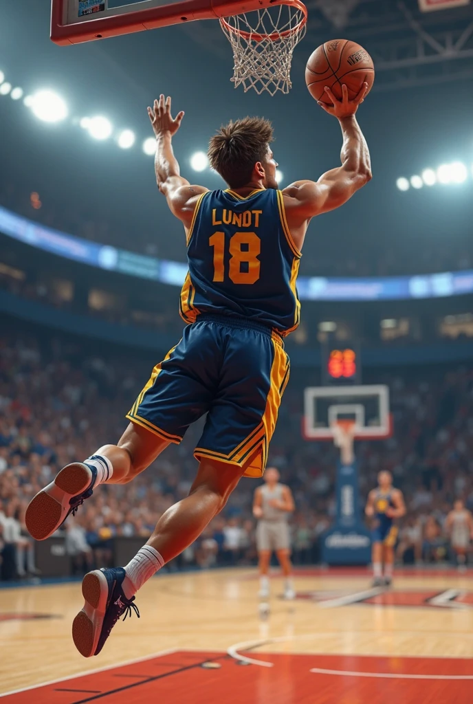 Elderly basketball player、The decisive dunk、The spectators cheer