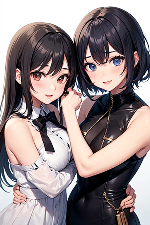He has short hair that reaches his ears, his hair is black., Her skin is soft and pale in tone, Her eyes are almond-shaped and blue.