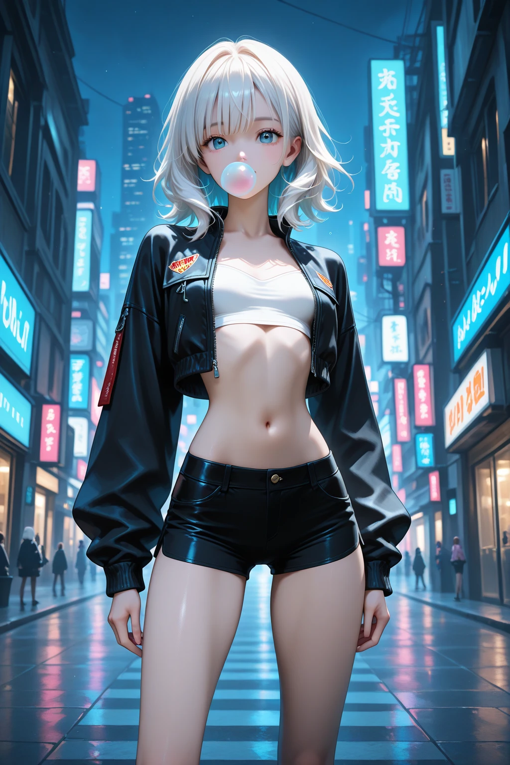 one beautiful girl, detailed beautiful hair, detailed beautiful eyes, short white hair, blue eyes, small breasts, loose unzipped leather jacket, orange bra, tight orange shorts, standing on sidewalk, evening, nighttime, night, city lights, big city, cyberpunk city, rain, soaking wet, standing, cowboy shot, cinematic lighting, dramatic lighting,